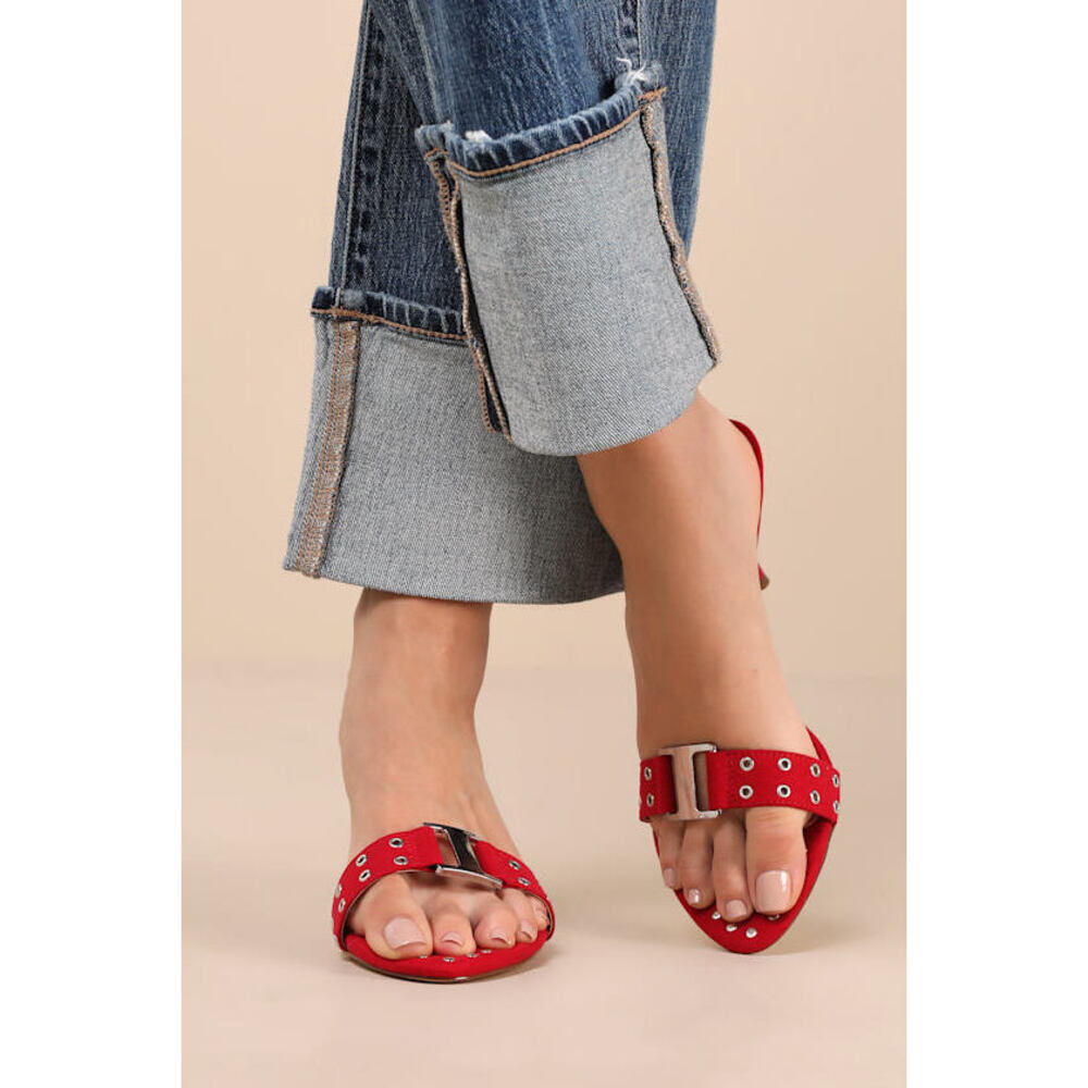 Lulus Caloway Red Suede Studded Buckle High Heel Slide Sandals - Size 7.5